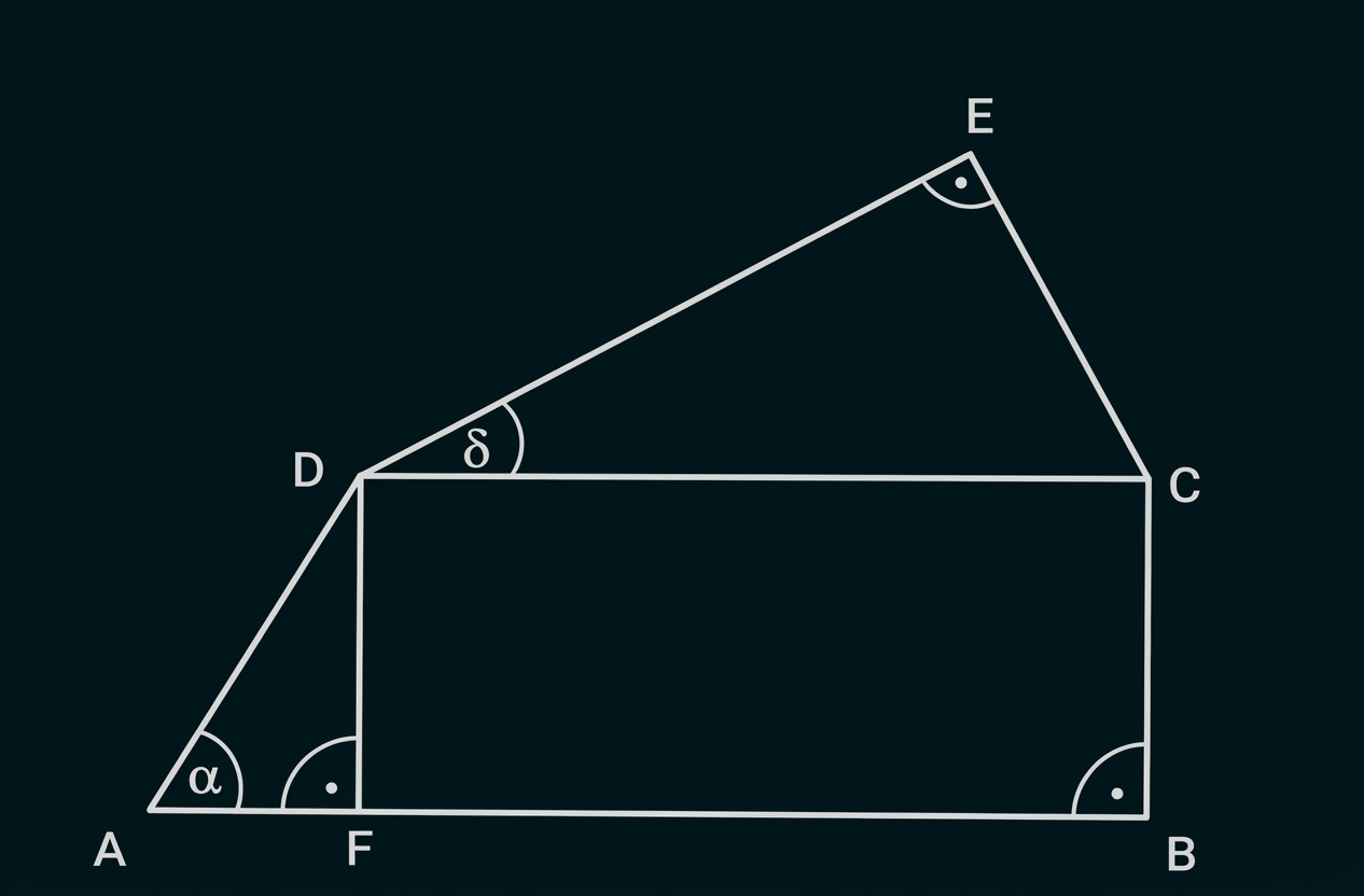 Geometrische Figur mit Punkten A bis E und markierten Winkeln α, δ und rechten Winkeln